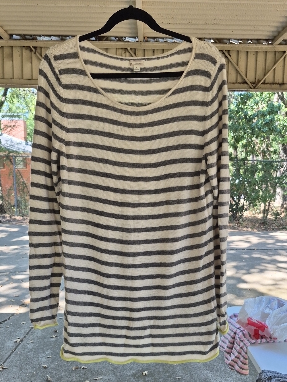GAP Cream and Gray Striped Long-Sleeve Scoop Neck Top